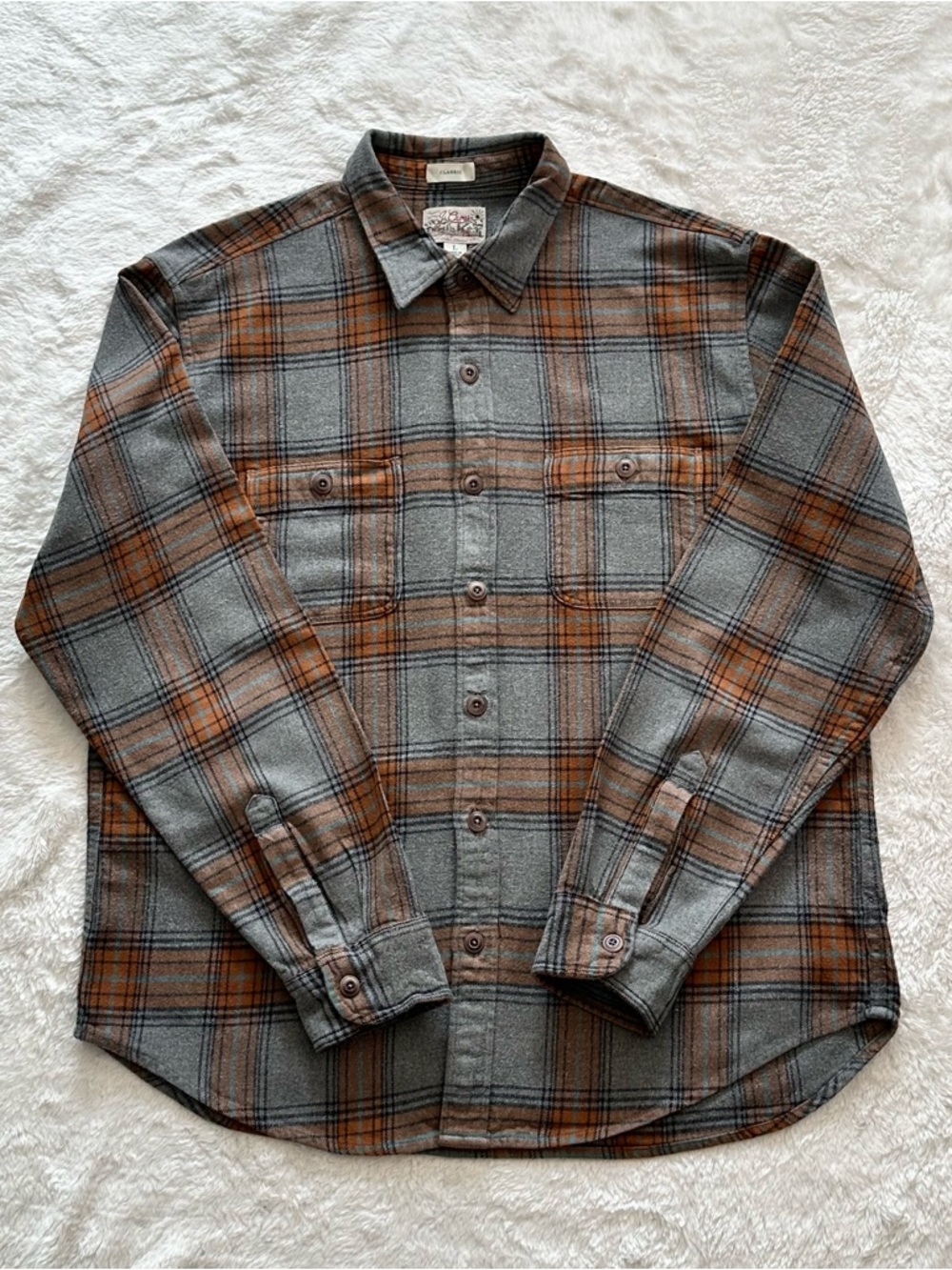 J.Crew Midweight Flannel Workshirt - Classic Fit - Men's Large Gray/Orange Plaid